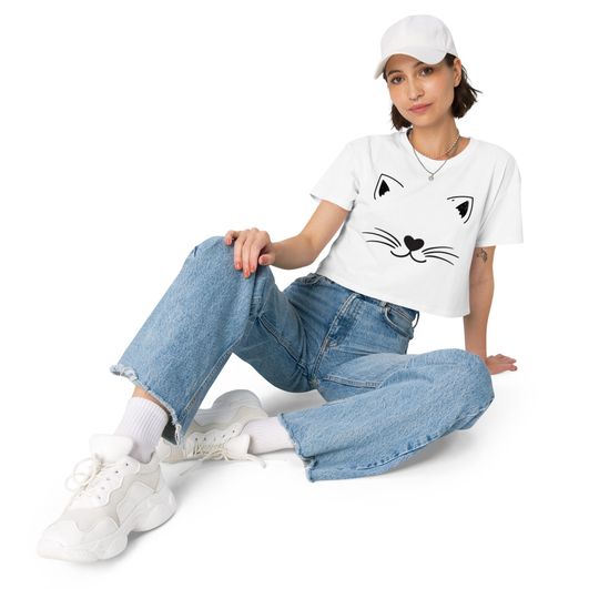 Cat Women's Crop Top, Kawaii T-Shirt, Sanrio Anime Cartoon Casual Clothes, Y2k Cropped Tee Shirt
