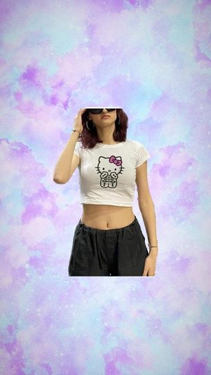 Hello Kitty Women's Crop Top, Kawaii T-Shirt, Sanrio Anime Cartoon Casual Clothes, Y2k Cropped Tee Shirt