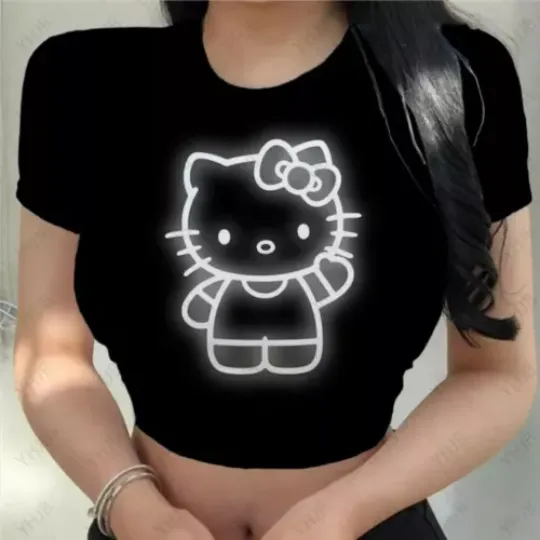 Hello Kitty Floral Printed Women's Crop Top, Kawaii T-Shirt, Sanrio Anime Cartoon Casual Clothes, Y2k Cropped Tee Shirt