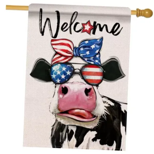Welcome Patriotic Cow Large Decorative House Flag, July 4th Independence Day Gift, House Decorations for Independence Day, Gift for Family