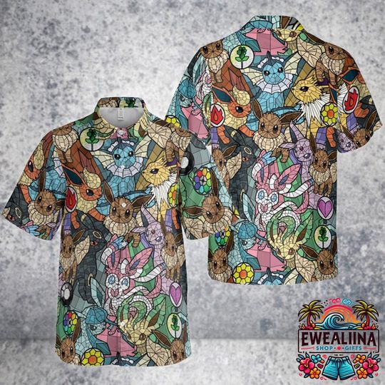 Eevee Evolution Hawaiian Shirt, 3D PKM Hawaiian Shirt, Eevee PKM Button Shirt, Anime Hawaiian Shirt, Comics Hawaiian Shirt