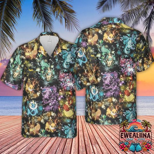 Eevee PKM Hawaiian Shirt, Eevee Evolutions PKM Hawaiian Shirt, PKM Button Up Shirt, PKM Summer Shirt, PKM Fan Gifts