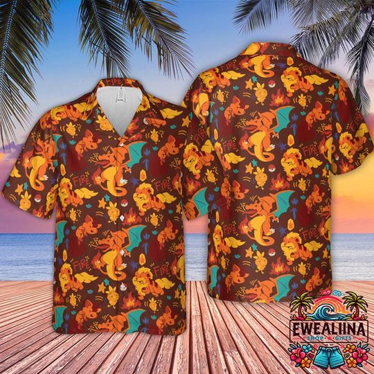 Charizard Fire Type PKM Hawaiian Shirt, Charizard Button Shirt, Charizard Shirt, PKM Hawaiian Shirt, PKM Anime Fan Gift