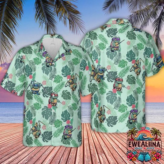 Ninja Squirtle PKM Button Up Hawaiian Shirt, Summer Casual Tee, Beach Shirt, Birthday Gift for Him