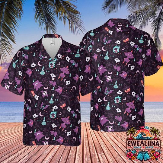 Gengar PKM Button Up Hawaiian Shirt, Summer Casual Tee, Beach Shirt, Birthday Gift for Him