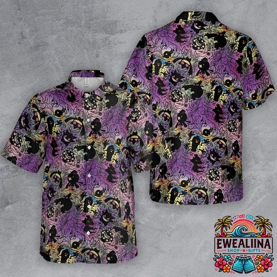 Ghost Type PKM Hawaiian Shirt, Gengar PKM Button Up Shirt, PKM Hawaiian Shirt, PKM Summer Shirt, PKM Fan Gifts
