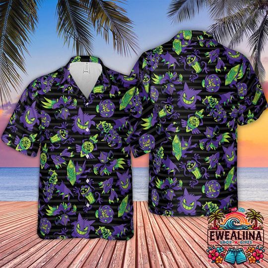 Gengar PKM Button Up Hawaiian Shirt, Summer Casual Tee, Beach Shirt, Birthday Gift for Him