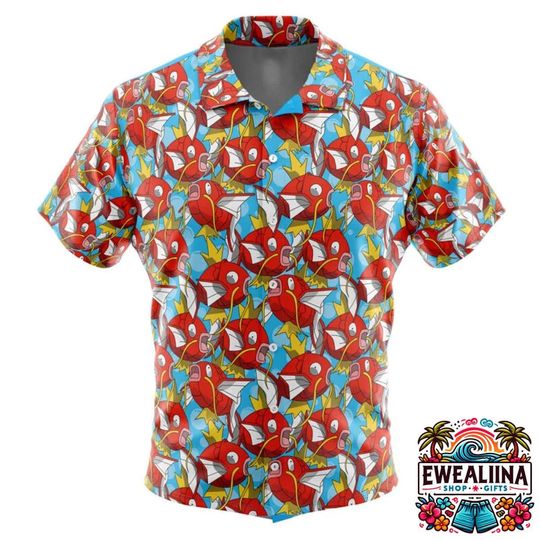 Magikarp Button Up Hawaiian Shirt, Summer Casual Tee, Beach Shirt, PKM Fan Gifts