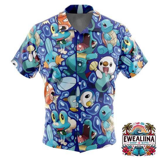 Squirtle Button Up Hawaiian Shirt, Summer Casual Tee, Beach Shirt, PKM Fan Gifts
