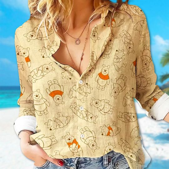 Winnie The Pooh Women Casual Shirt, Winnie Pooh Linen Shirt, Pooh Bear Linen Casual Shirt, Cartoon Shirt For Women, Magic Kingdom Trip Tee