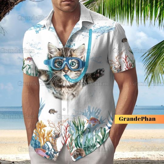 Cat Shirt, Cat Under The Sea Hawaiian Shirt, Funny Cat Shirt, Short Sleeve Hawaiian Shirt, Summer Gift, Bachelor Party Shirt