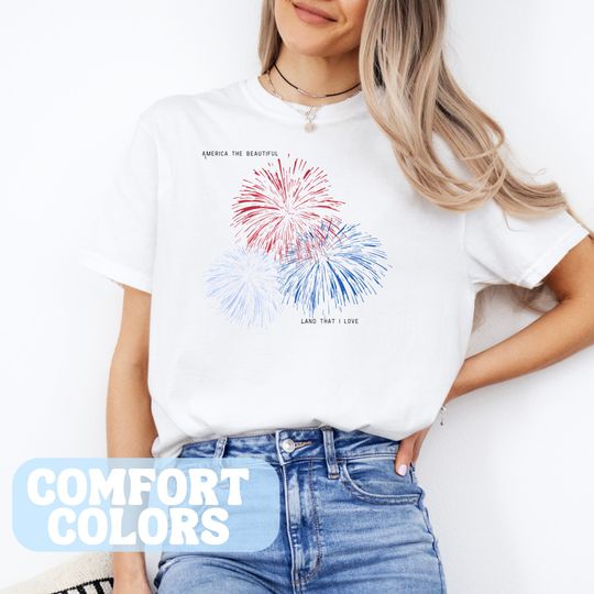 America the Beautiful Shirt, Fireworks T-Shirt, 4th of July Outfit for Women, Patriotic Shirt, USA t-shirt, Retro shirt for women