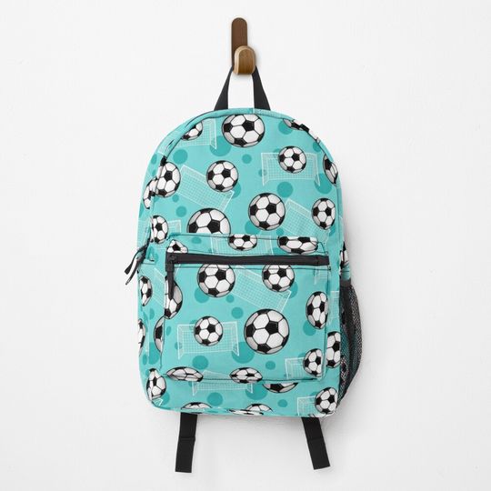 Soccer Ball and Goal Teal Pattern - Teal Soccer Backpack, 3D Football Backpack, Student Soccer Schoolbag, Football Lover Fans Outdoors Travel Bag