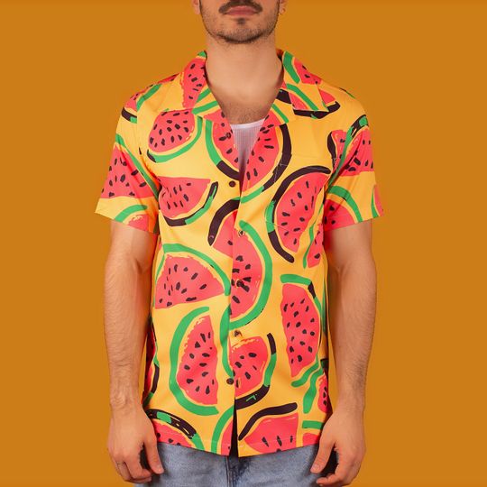 Yellow Watermelon Hawaiian Shirt, Free Palestine Activist Button-Up Beach Party Shirt