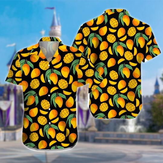 Mango Hawaiian Shirt For Men, Women, Funny Mango Fruit Tropical Vacation Hawaiian Shirt, Yellow Mango Button Up Hawaiian Party Shirt