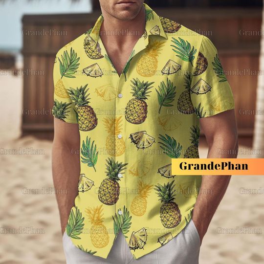 Pineapple Tropical Fruit Shirt, Pineapple Hawaiian Shirt, Men's Summer Beach Shirt, Button Up Shirt, Fruit Shirt, Pineapple Shirt