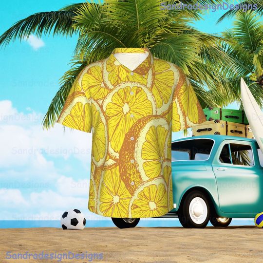 Lemon Hawaiian Shirt, Summer Party Shirt, Fruit Aloha Shirt, Button Up Shirt with Pocket, Lemon Beach Shirt, Fruit Hawaiian Shirt for Kids