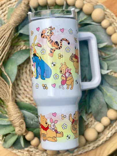 Cute Pooh Bear and Friends Tumblers 40 oz With Handle, Water Bottle Stainless Steel Thermos, Coffee Cup Travel Car Camping, Large Water Bottle