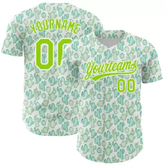 CUSTOM WHITE NEON GREEN 3D PATTERN DESIGN CACTUS FESTIVAL BASEBALL JERSEY