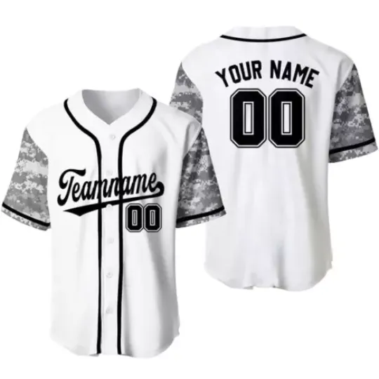 Custom White Black-Gray Camo Raglan Sleeves Baseball Jersey