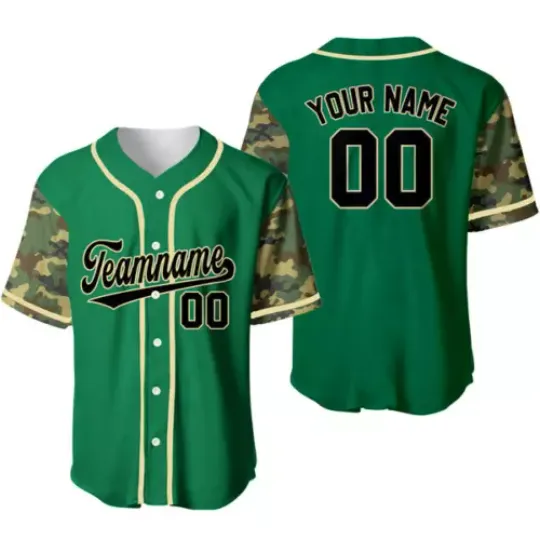 Custom Kelly Green Black-Cream Camo Raglan Sleeves Baseball Jersey