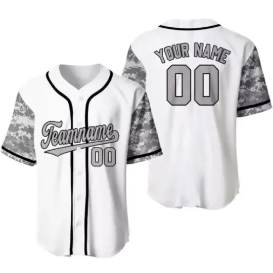 Custom White Gray-Black Camo Raglan Sleeves Baseball Jersey