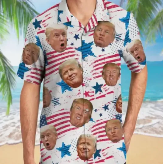 Funny Trump Face American Flag 4th Of July Independence Day Hawaiian Shirt, Summer Short Sleeve Shirt, For Beach Vacation, Funny Gift Ideas, Summer Clothing for Men, Women and Kids