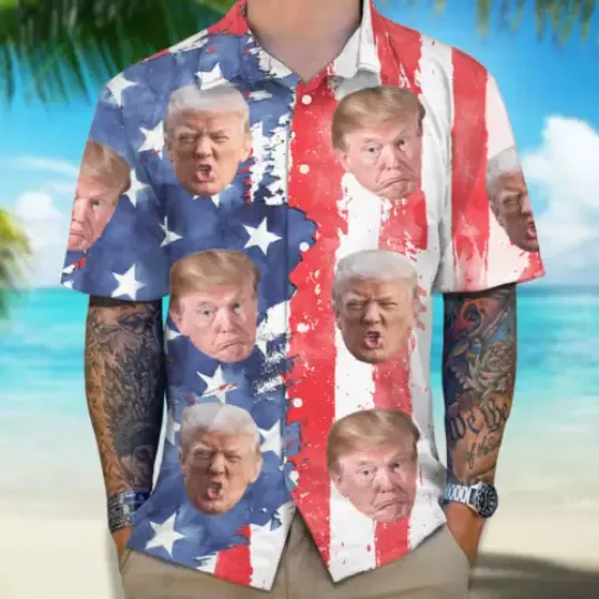 Funny Trump Faces American Flag Trump 2024 Take America Back Hawaiian Shirt, Summer Short Sleeve Shirt, For Beach Vacation, Funny Gift Ideas, Summer Clothing for Men, Women and Kids