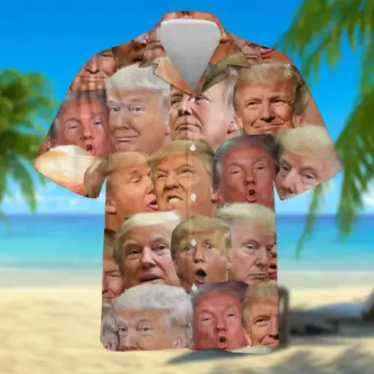 Funny Trump Faces Trump 2024 Make America Great Again Hawaiian Shirt, Summer Short Sleeve Shirt, For Beach Vacation, Funny Gift Ideas, Summer Clothing for Men, Women and Kids