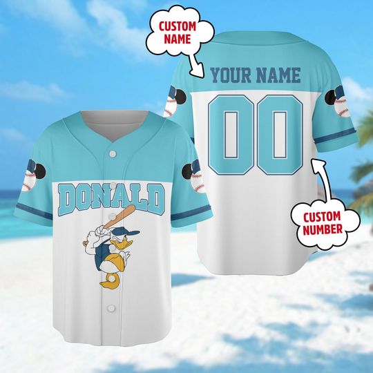 Custom Donald Duck Player Baseball Jersey, Cartoon Duck Baseball Team Outfit, Magic Kingdom Family Trip Shirt, Donald Gift For Kid Adult