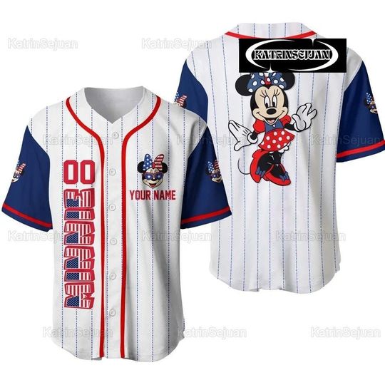 Personalized Minnie Mouse 4th Of July Baseball Jersey, American Flag Red White Blue Disney Custom Baseball Jersey, Disney Trip Shirt, B