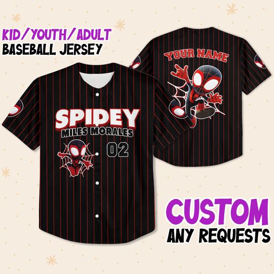 Personalize Spidey Miles Morales Red Black, Custom Spider Verse Baseball Jersey Team, Disney Baseball Team Outfit