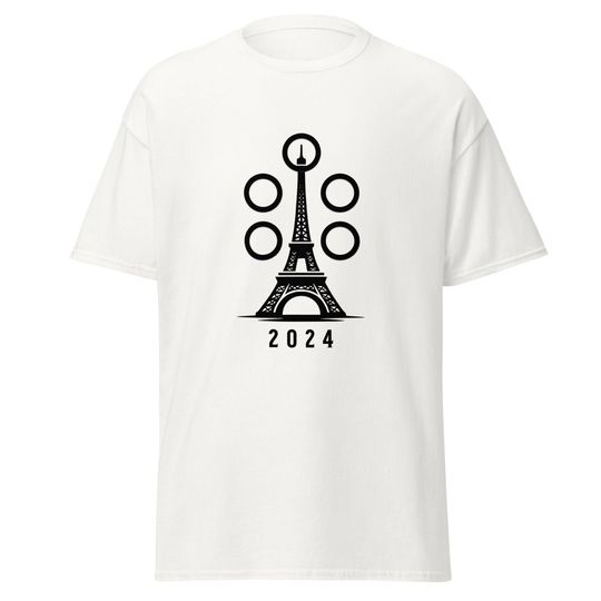 Eiffel Tower 2024 Black & White Design - Unisex White Tshirt,  Summer Olympics, JO Tshirt, Paris 2024 Tshirt