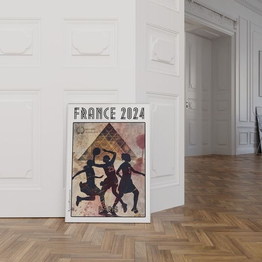 Paris France 2024 Women's Basketball Poster - Sporting Competition Art Illustrating the Spirit of the Games, at Louvre Museum