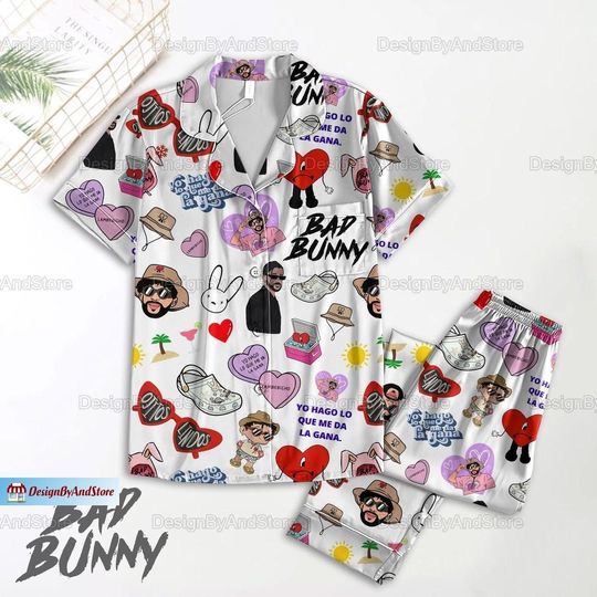 Bad Bunny Pajamas Pants, Bad Bunny Pajamas Set, Bad Bunny Holiday Pajamas, Bad Bunny Bridesmaid Pajamas, Bad Bunny Women Pajamas