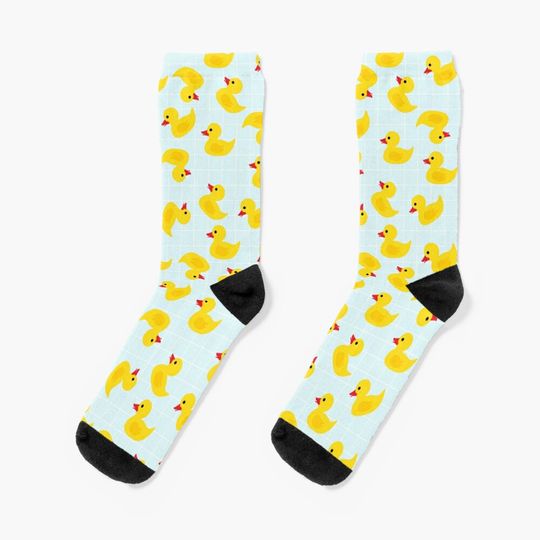 Cute Rubber Duck on Blue Background Cotton Socks