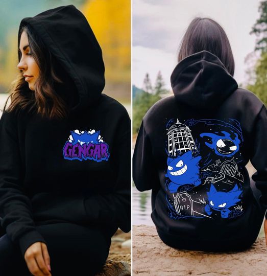 Gengar Ghastly hoodie, Ghost Type element Silhouette, Video Game T-Shirt, Japanese Anime