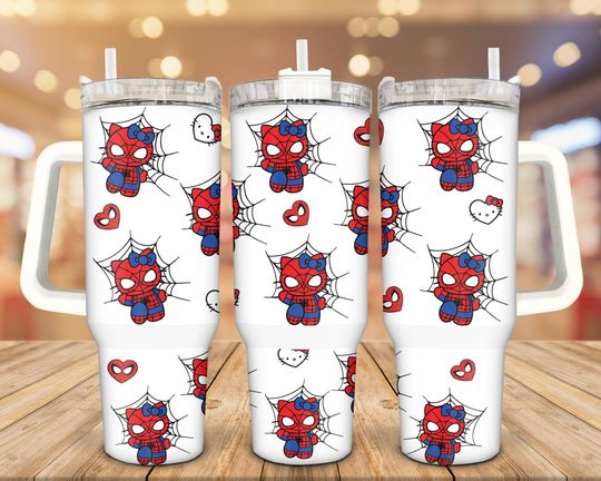Cute Spidey Kitty Tumbler 40oz With Handle, Stainless Steel Tumbler For Summer, Drinkware, Funny Cup, Back To Shool Gift Idea