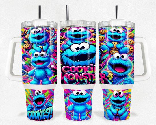 Cookie Monster Tumbler 40oz With Handle, Stainless Steel Tumbler For Summer, Drinkware, Funny Cup, Back To Shool Gift Idea