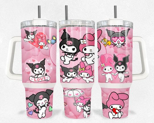 Kuromi and My melody Valentines Tumbler 40oz With Handle, Stainless Steel Tumbler For Summer, Drinkware, Funny Cup, Back To Shool Gift Idea