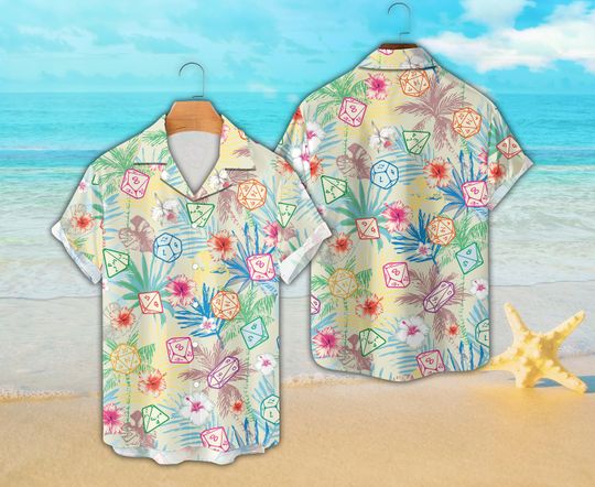 DnD Hawaiian Shirt, Plants And Polyhedral Dice Button Down Shirt, Tropical Summer Shirt, Aloha Summer Shirt, DnD Shirt, Dice Hawaiian Shirt