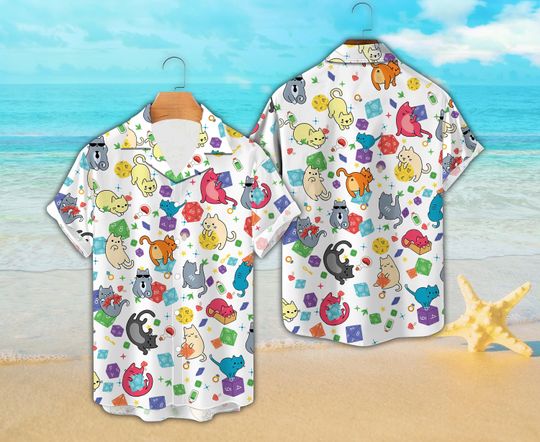 DnD Cat shirt, DnD Shirt, DnD Hawaiian Shirt, Dungeon Cat, Dungeon Meowster, Dungeons and Dragons, Hawaii Shirt, Dice Cat DnD Hawaiian Shirt