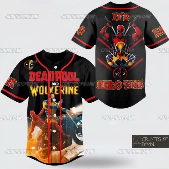 Discover Custom Deadpool And Wolverine It's Hero Time Baseball Jersey, Deadpool Jersey Shirt, Spider Man Baseball Jersey