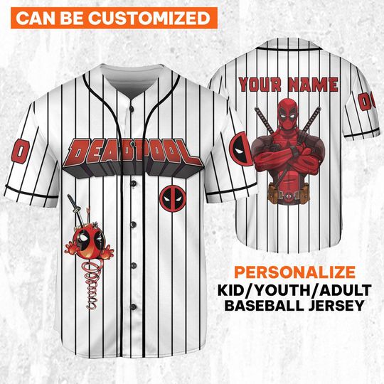 Discover Personalize Deadpool Awesome White With Striped Jersey, Wolverine And Deadpool Shirt, Hero Sport Shirt, Marvel Matching Baseball