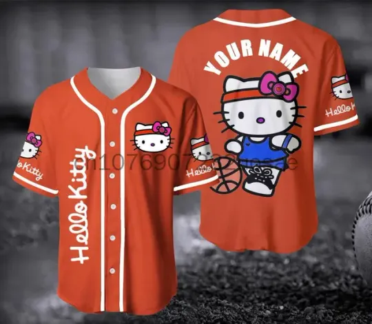 Discover New Hello Kitty Baseball Lovely Personalized Cartoon Print Baseball Jersey Shirts Outdoor Sports Casual Men Women - US07