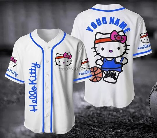 New Hello Kitty Baseball Lovely Personalized Cartoon Print Baseball Jersey Shirts Outdoor Sports Casual Men Women - US03