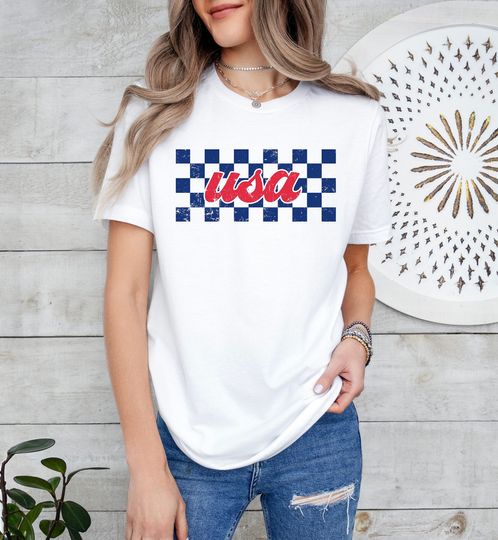 4th of July Vintage USA Cotton Short Sleeve T-Shirt, American Flag Independence Day Gift Idea