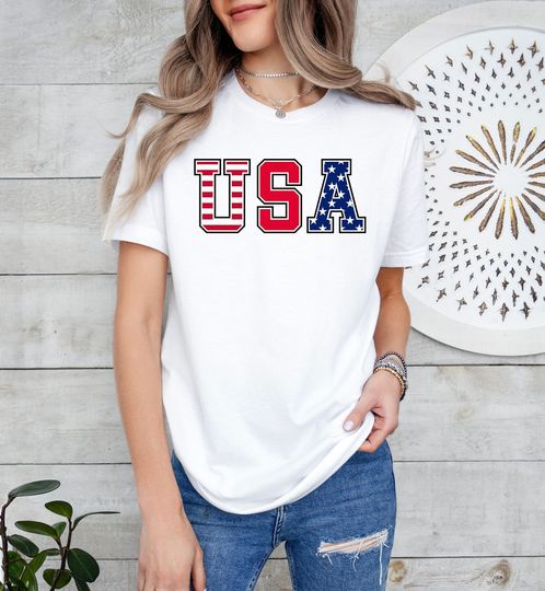 4th of July USA T-Shirt, Independence Day Cotton Short Sleeve Shirt, Red White and Blue Gift Idea