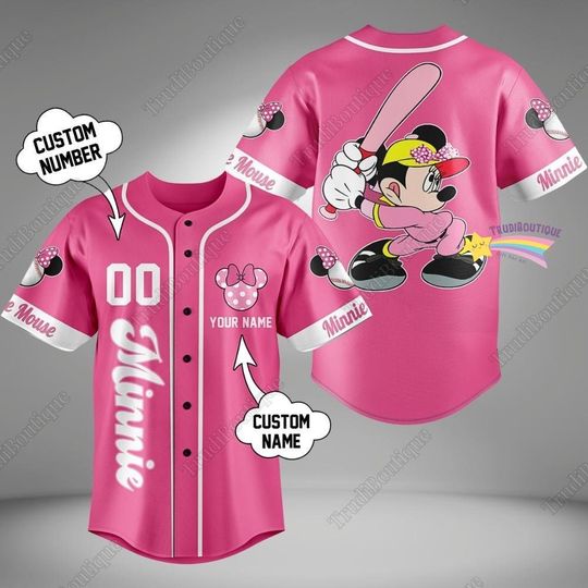Custom Minnie Mouse Comfortable Short Sleeve Sports Baseball Jersey for Men, Women, Kids - Cute Minnie Mouse Gift, Gift For Her