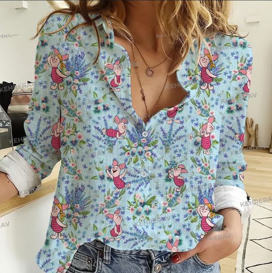 Floral Piglet cute 3D All Print over Women Blouses Shirt,Piglet Casual Long Sleeve Button Down tee,Piglet Women Casual Shirt,Blouses For Women